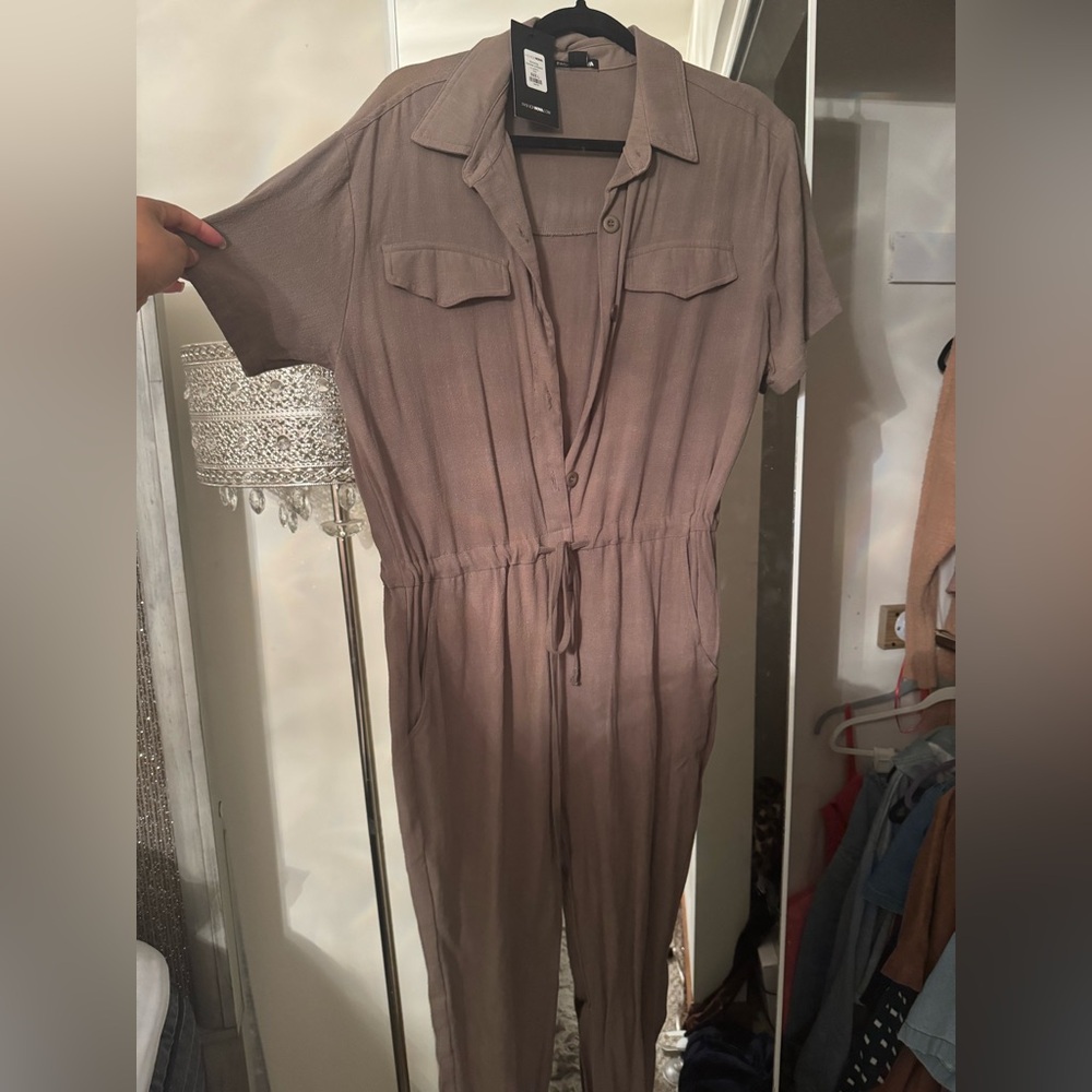 Fashion Nova Tan Jumpsuit Relaxed Fit Elastic Waist